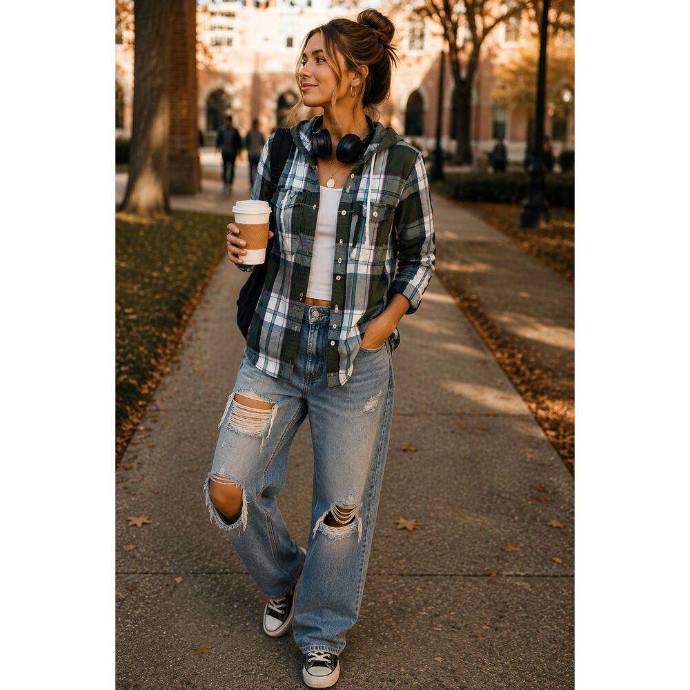 Hollister Plaid Hooded Button Up Shirt Grunge Y2K Skater Green M